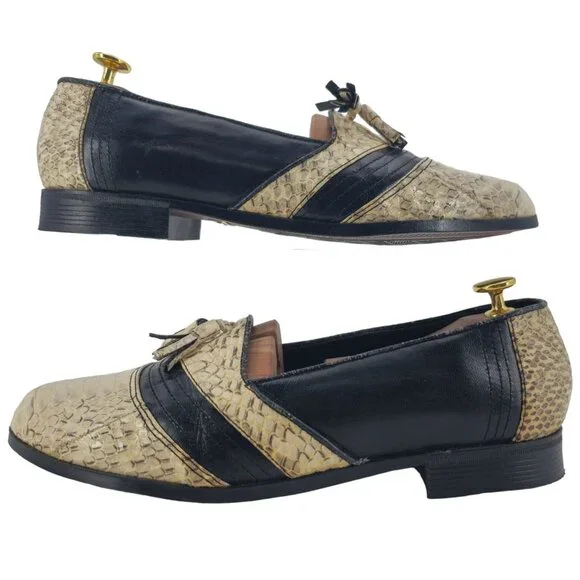 Vintage NEW Exotic Snakeskin 10.5D Dress Shoes Natural Cream Black Tassel Loafer - Picture 4 of 11